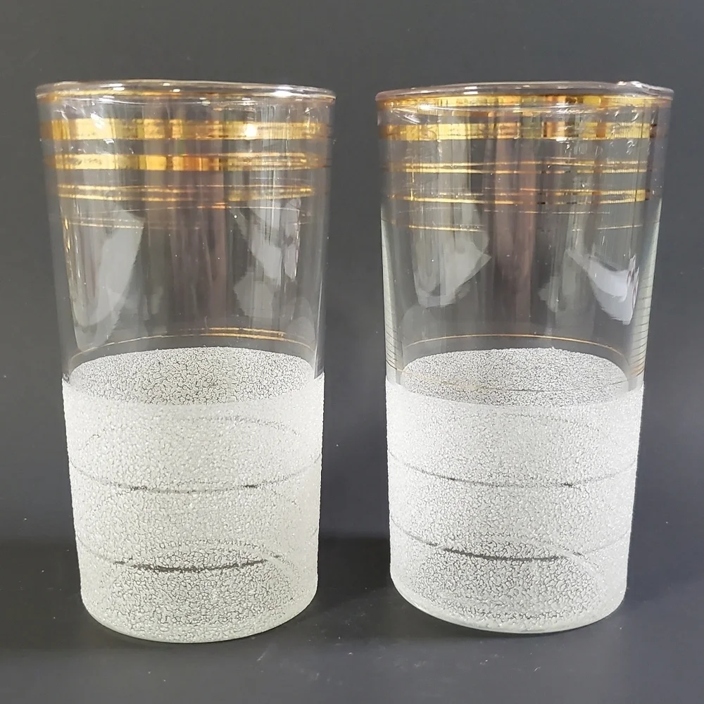 Frosted Highball Glasses with Gold Banding MCM Barware Set of 2 Vintage